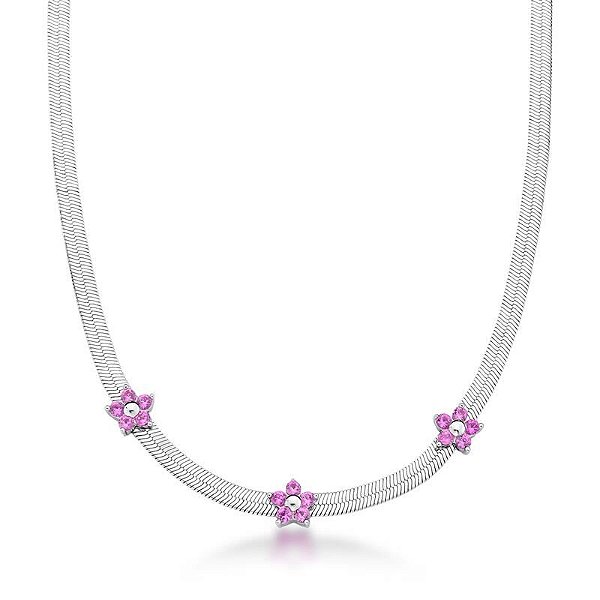 COLAR MALHA LAMINADA COM FLORES SAFIRA ROSA BANHADO A RÓDIO BRANCO
