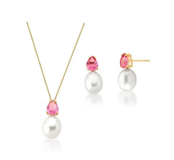 CONJUNTO GOTA ROSA COM PÉROLA SHELL BANHADO A OURO