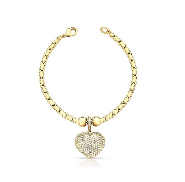 PULSEIRA EM MALHA PALMEIRINHA E PINGENTE DE CORAÇÃO BANHADA A OURO