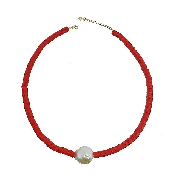 COLAR COM PÉROLA BARROCA CENTRAL E LATERAL EMBORRACHADA BANHADO A OURO