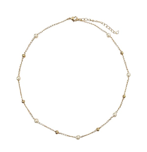 COLAR CURTO COM MINI ESFERAS E PÉROLAS BANHADO A OURO