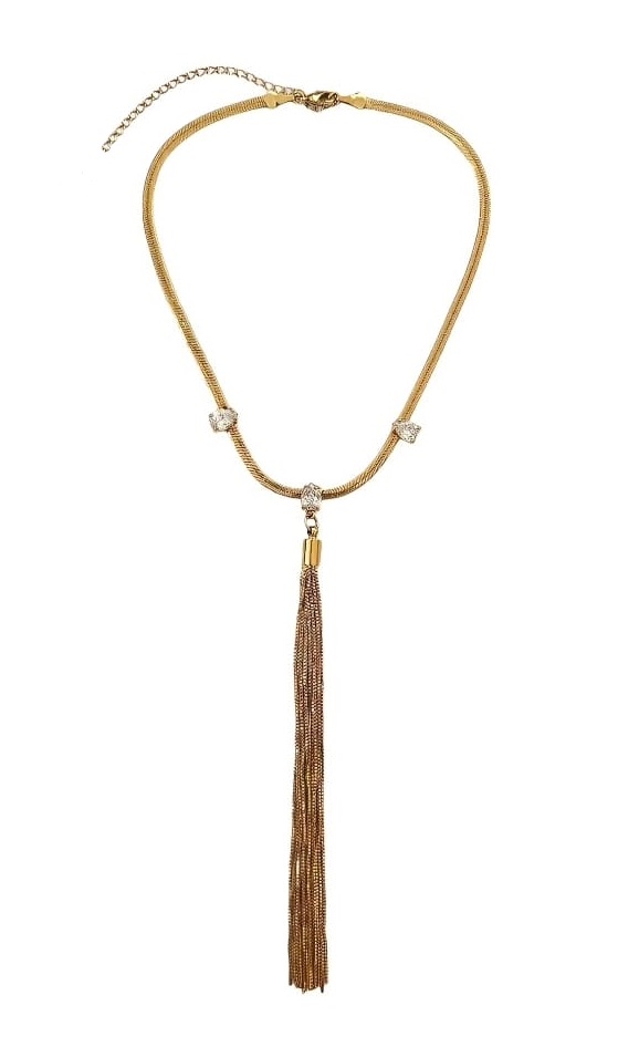 CHOKER EM MALHA LAMINADA COM FRANJA BANHADA A OURO