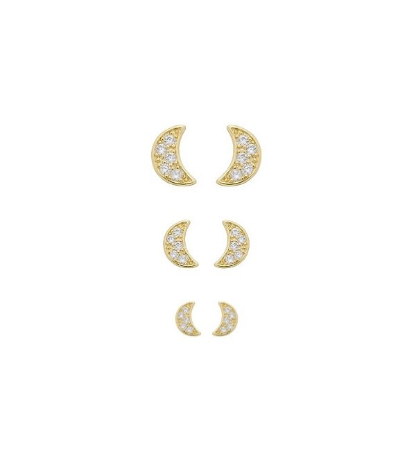 TRIO DE BRINCOS LUA CRAVEJADA BANHADO A OURO