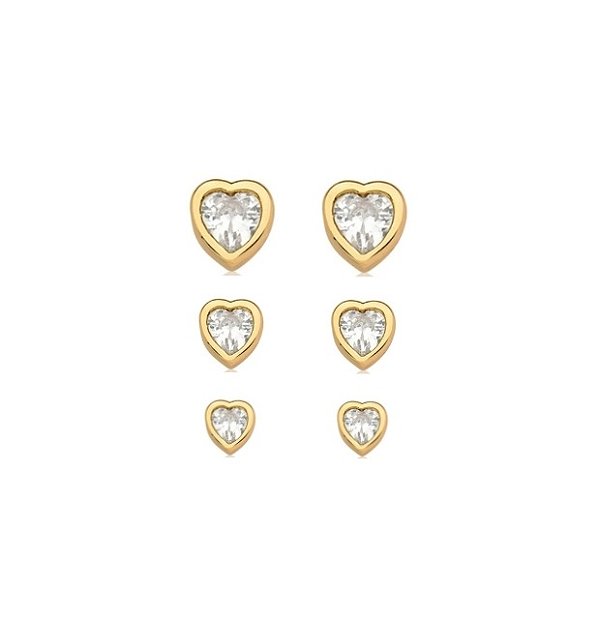 TRIO DE BRINCOS CORAÇÃO CRISTAL BANHADO A OURO