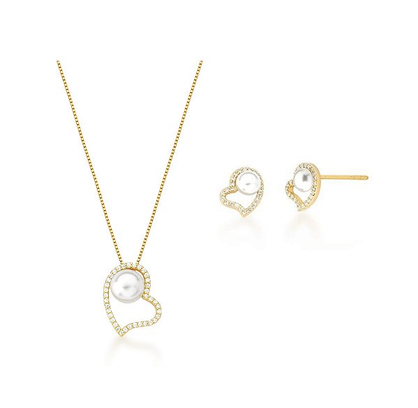 CONJUNTO CORAÇÃO VAZADO COM PÉROLA BANHADO A OURO