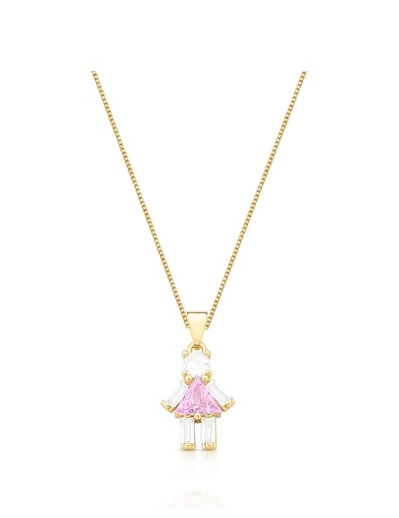 COLAR MENINA VESTIDO ROSA CRAVEJADO BANHADO A OURO