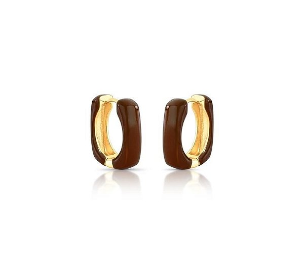 ARGOLA RETANGULAR ESMALTADA MARROM BANHADA A OURO