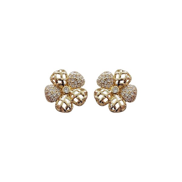 BRINCO FLOR COM DUAS PÉTALAS CRAVEJADAS BANHADO A OURO