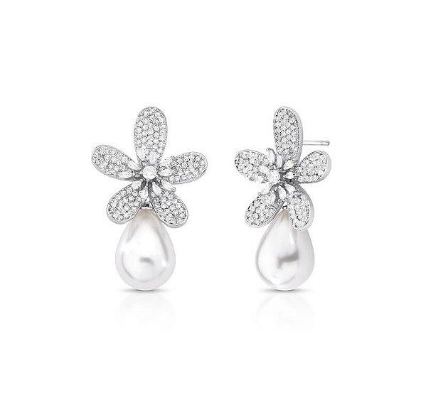 BRINCO FLOR COM CRISTAL E PÉROLA SHELL EM GOTA BANHADO A RÓDIO BRANCO