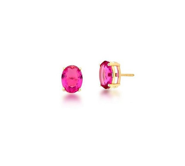 BRINCO OVAL ROSA ESCURO BANHADO A OURO