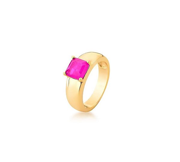 ANEL LISO COM ZIRCÔNIA QUADRADA TURMALINA ROSA FUSION BANHADO A OURO