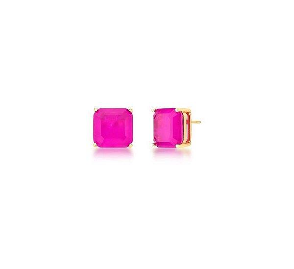 BRINCO QUADRADO TURMALINA ROSA FUSION BANHADO A OURO