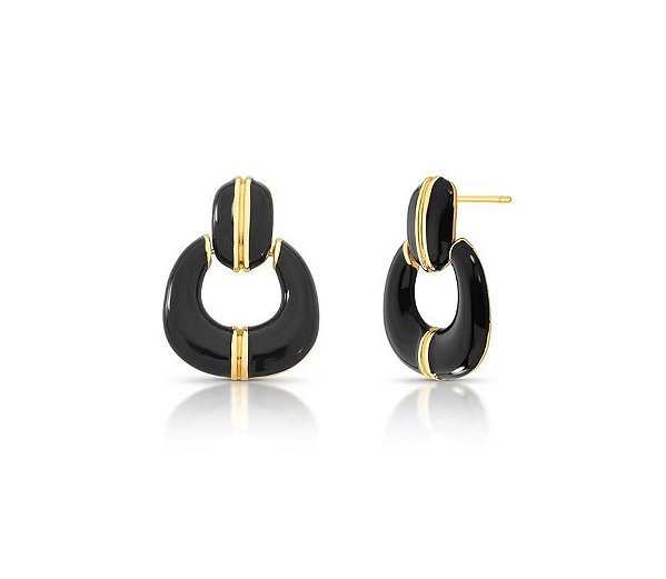 BRINCO OVAL EM PÊNDULO ESMALTADO PRETO BANHADO A OURO