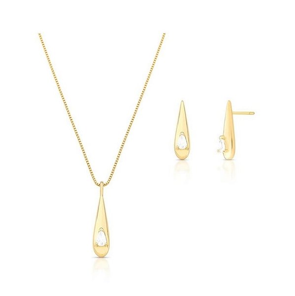 CONJUNTO GOTA ALONGADA COM ZIRCÔNIA BANHADO A OURO