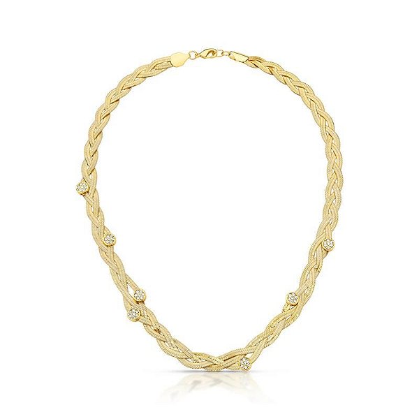 COLAR MALHA LAMINADA TRANÇADO COM ZIRCÔNIA REDONDA BANHADO A OURO