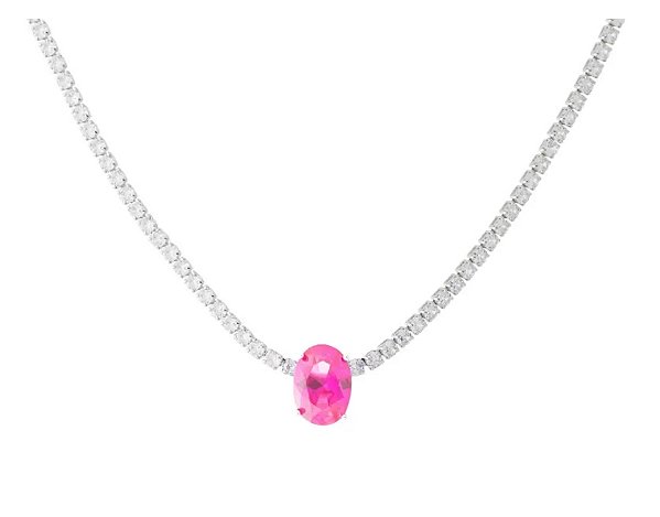 COLAR RIVIERA MALEÁVEL COM PINGENTE OVAL SAFIRA ROSA BANHADA A RÓDIO