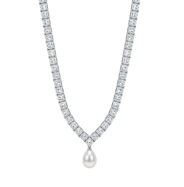 Colar Riviera com Pérola em Gota Banhado a Ródio Branco