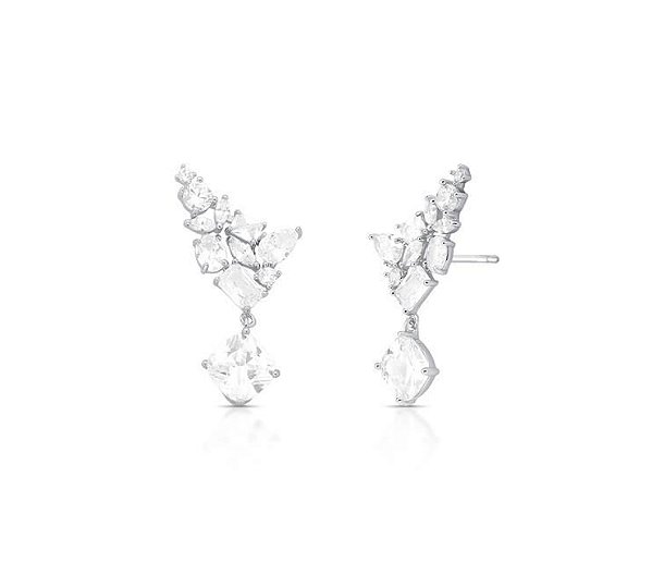 BRINCO EAR CUFF COM ZIRCÔNIA EM PÊNDULO BANHADO A RÓDIO BRANCO