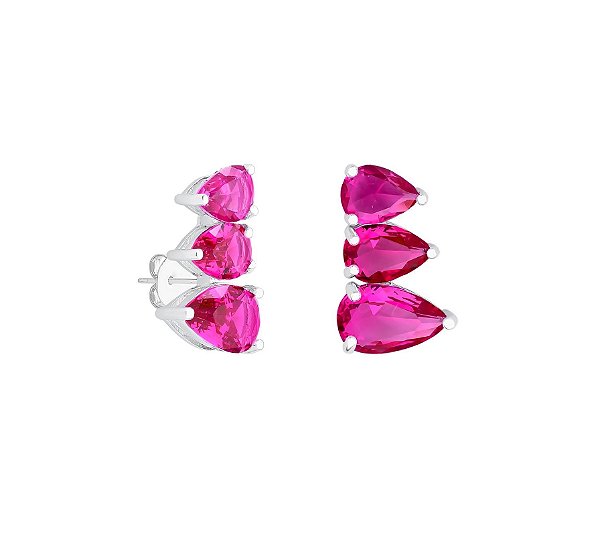 BRINCO EAR CUFF TRÊS GOTAS SAFIRA ROSA BANHADO A RÓDIO BRANCO