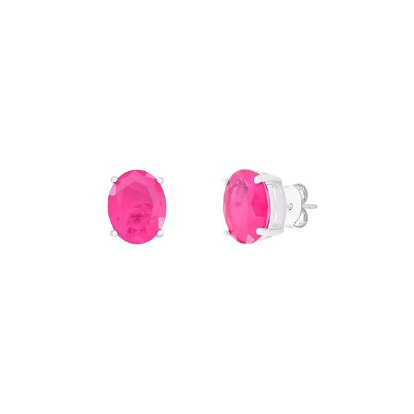 BRINCO OVAL TURMALINA ROSA FUSION BANHADO A RÓDIO BRANCO