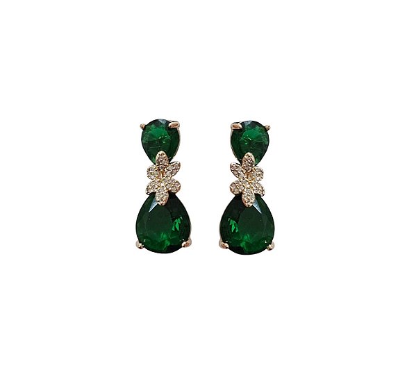 BRINCO PÊNDULO GOTA DUPLA ESMERALDA  BANHADO A OURO