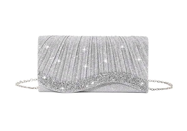 BOLSA DE FESTA RETANGULAR COM GLITTER PRATA E FILEIRA TRABALHADA