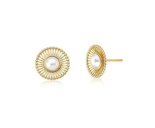 BRINCO REDONDO DE PÉROLA COM LATERAL ARAMADA BANHADO A OURO