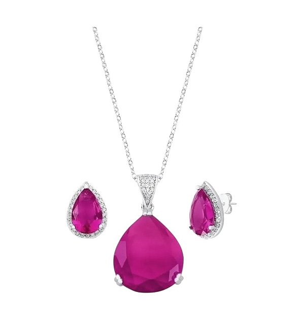 CONJUNTO GOTA SAFIRA ROSA BANHADO A RÓDIO