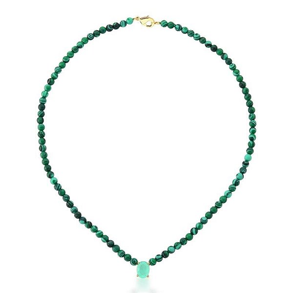 CHOKER EM MALAQUITAS COM ZIRCÔNIA OVAL ESMERALDA COLOMBIANA BANHADO A OURO