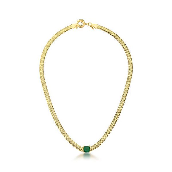 COLAR MALHA SNAKE COM CRISTAL ESMERALDA BANHADO A OURO
