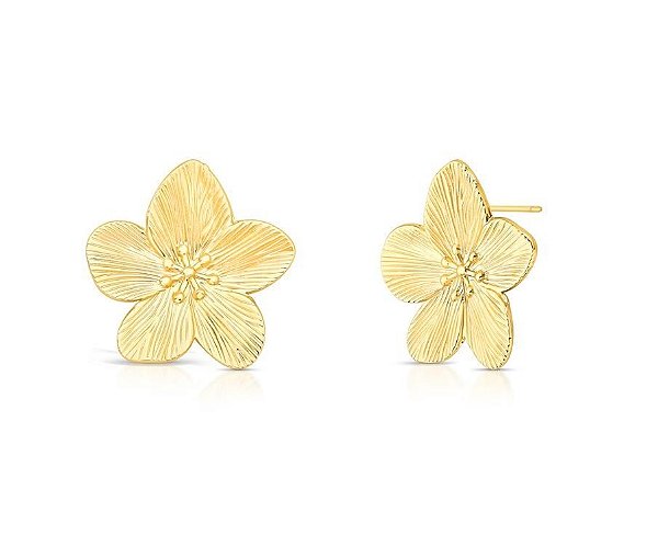 BRINCO DE FLOR TEXTURIZADO LISO BANHADO A OURO