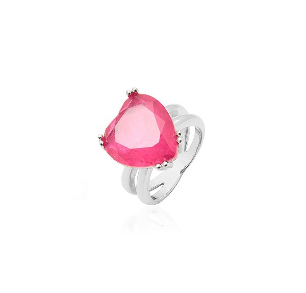 ANEL CORAÇÃO SOLITÁRIO TURMALINA ROSA FUSION BANHADO A RÓDIO BRANCO