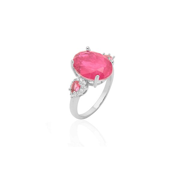 ANEL PEDRA OVAL TURMALINA ROSA FUSION BANHADO A RÓDIO BRANCO