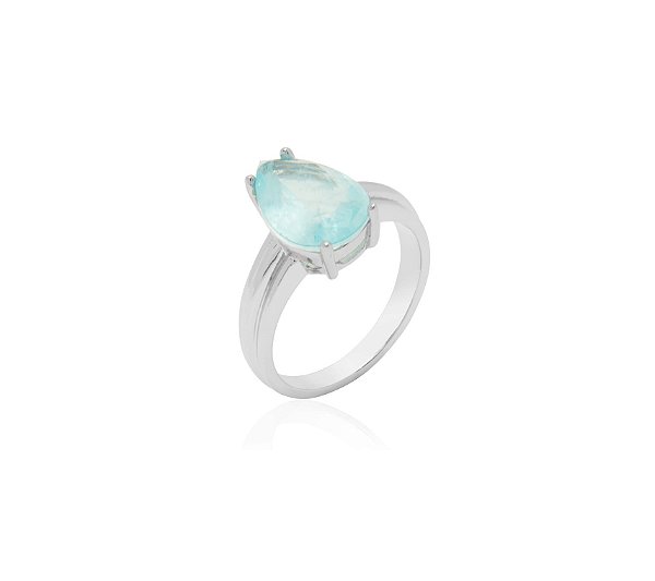 ANEL LISO COM GOTA CENTRAL ÁGUA MARINHA FUSION BANHADO A RÓDIO BRANCO