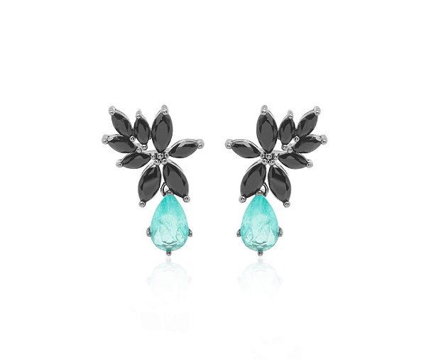 BRINCO EAR CUFF COM NAVETES E GOTA TURMALINA FUSION BANHADO A RÓDIO NEGRO