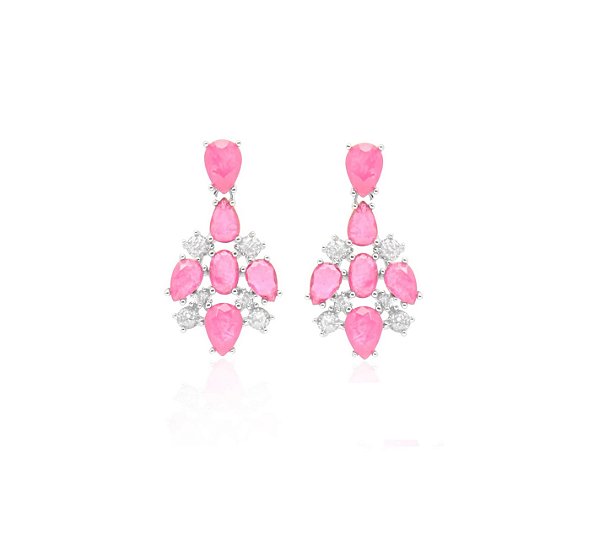 BRINCO PÊNDULO COM GOTAS TURMALINA ROSA FUSION BANHADO A RÓDIO BRANCO