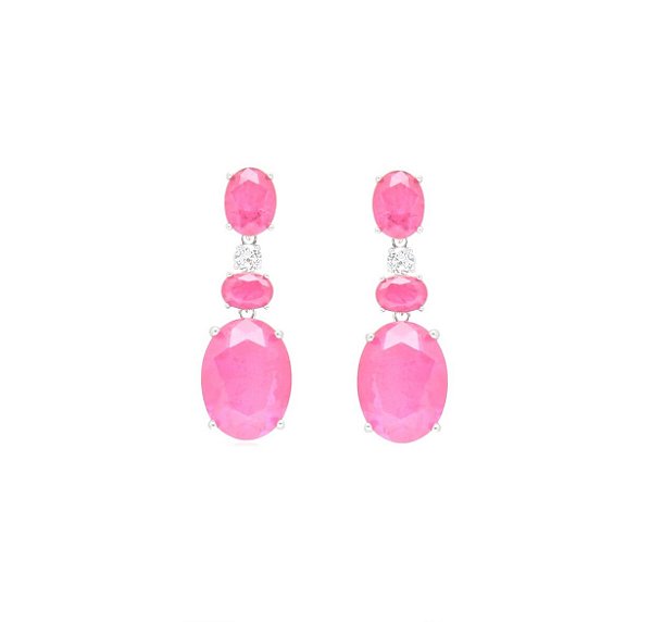 BRINCO EM PÊNDULO PEDRAS OVAIS TURMALINA ROSA FUSION BANHADO A RÓDIO BRANCO
