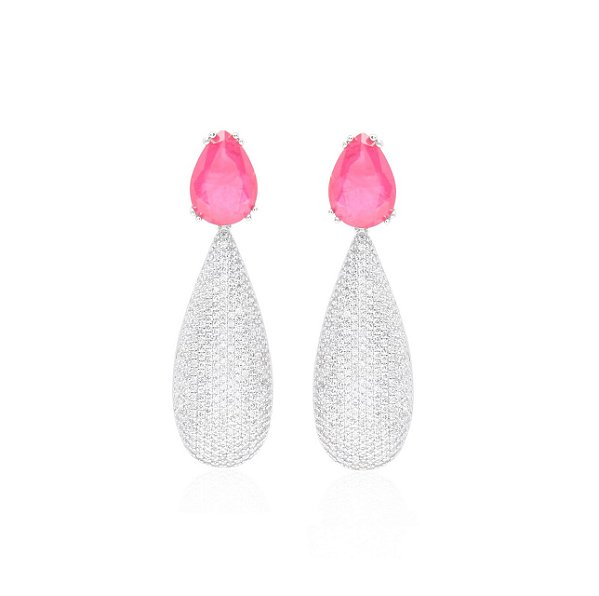 BRINCO PÊNDULO GOTA MICROCRAVEJADA COM BASE TURMALINA ROSA FUSION BANHADO A RÓDIO