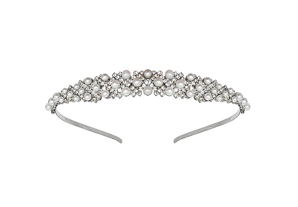 TIARA CRAVEJADA COM PÉROLAS SALPICADAS PRATEADA