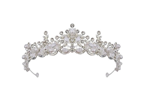 COROA PRINCESA CRAVEJADA COM PÉROLAS PRATEADA
