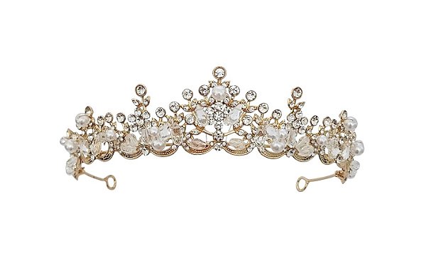 COROA PRINCESA CRAVEJADA COM PÉROLAS DOURADA