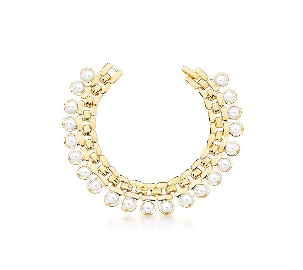 PULSEIRA COM DUAS FILEIRAS LISAS E PÉROLAS SHELL BANHADA A OURO