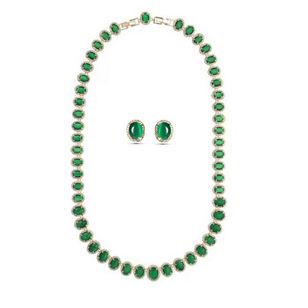 CONJUNTO COLAR DEGRADÊ CAT EYE ESMERALDA BANHADO A OURO