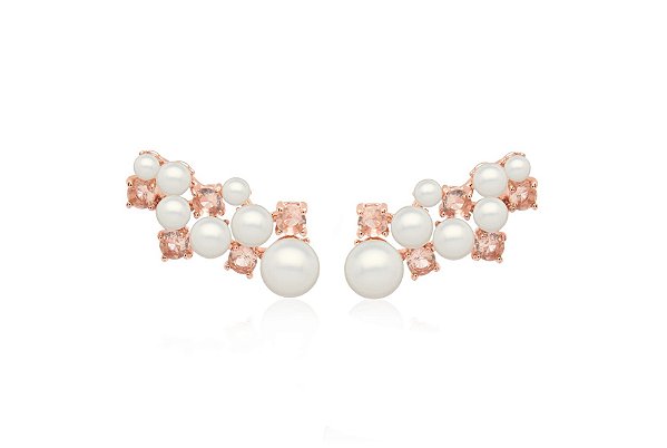 BRINCO EAR CUFF COM PÉROLAS E ZIRCÔNIAS MORGANITA BANHADO A OURO ROSÊ