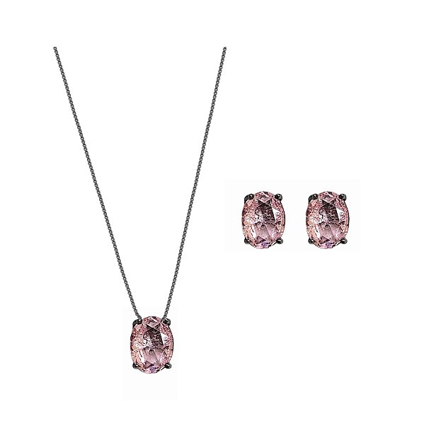 CONJUNTO OVAL KUNZITA RUTILADO BANHADO A RÓDIO NEGRO