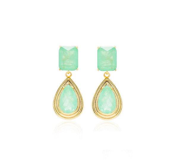 BRINCO GOTA EM PÊNDULO ESMERALDA COLOMBIANA FUSION BANHADO A OURO