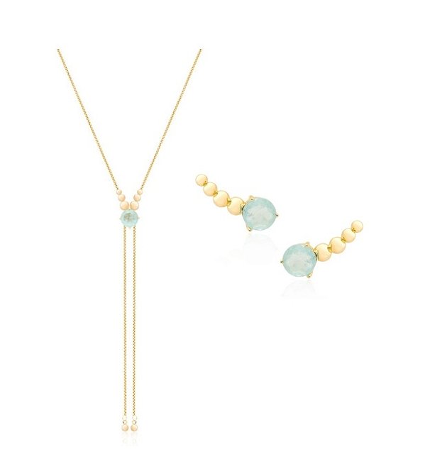 CONJUNTO PONTO DE LUZ ÁGUA MARINHA FUSION BANHADO A OURO