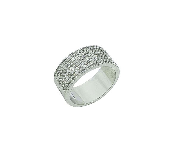 ANEL LARGO COM CRAVAÇÃO EM MICROZIRCÔNIAS BANHADO A RÓDIO BRANCO