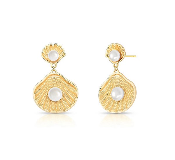 BRINCO CONCHAS COM PÉROLAS EM PÊNDULO BANHADO A OURO