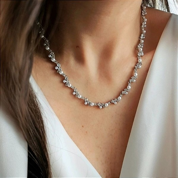 Colar Riviera com Pérolas e Zircônias Banhado a Ródio Branco